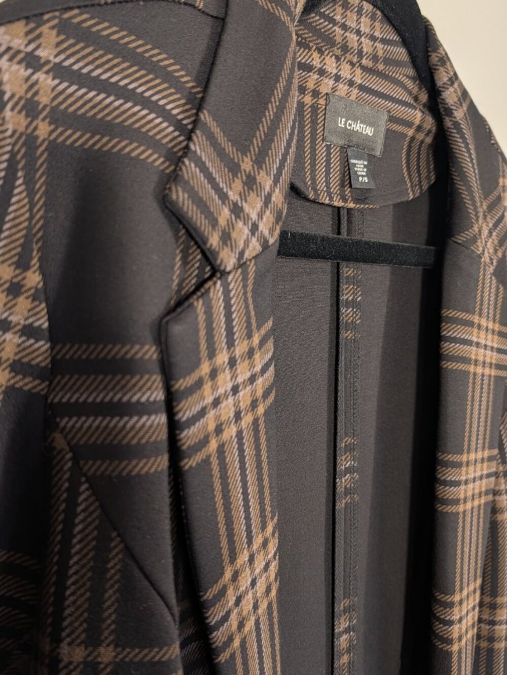Le Château Black & Brown Plaid Ponte Blazer | Longline | Size S